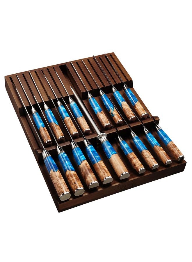 Senken Knives SENKEN In-Drawer Knife Block, Natural Acacia Wood Kitchen Knife Drawer Organizer, Holds 16 Knives + 1 Sharpener Slot for 17 Total Slots, Includes Steak Knife Slots, Space Saving Knife Storage Solution - Image 1