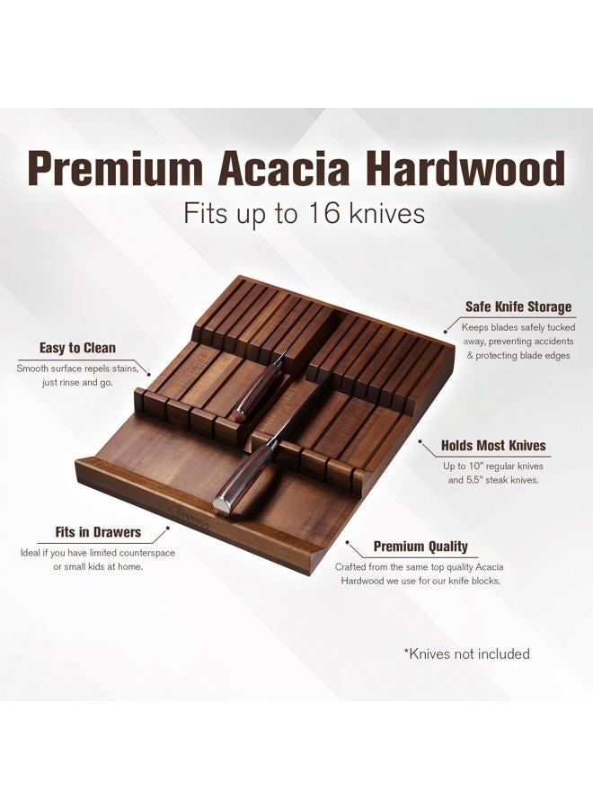 Senken Knives SENKEN In-Drawer Knife Block, Natural Acacia Wood Kitchen Knife Drawer Organizer, Holds 16 Knives + 1 Sharpener Slot for 17 Total Slots, Includes Steak Knife Slots, Space Saving Knife Storage Solution - Image 5