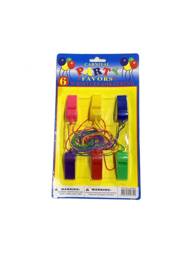 6pc Colorful Whistle Toys with Neck Strap, Kids Party Favors for Sports Games & Outdoor Play