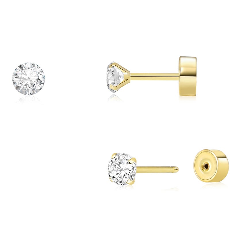 Sweetkiki Threadless Flat Back Earrings, Hypoallergenic 14K Real Gold Plated CZ Stud Earrings | Cartilage Earring | Tragus Helix Piercing Jewelry | Push in Flatback Earrings for Women Men (2 Millimeters, 14K Gold) - Image 1