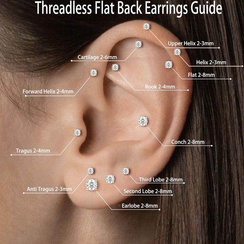 Sweetkiki Threadless Flat Back Earrings, Hypoallergenic 14K Real Gold Plated CZ Stud Earrings | Cartilage Earring | Tragus Helix Piercing Jewelry | Push in Flatback Earrings for Women Men (2 Millimeters, 14K Gold) - Image 2