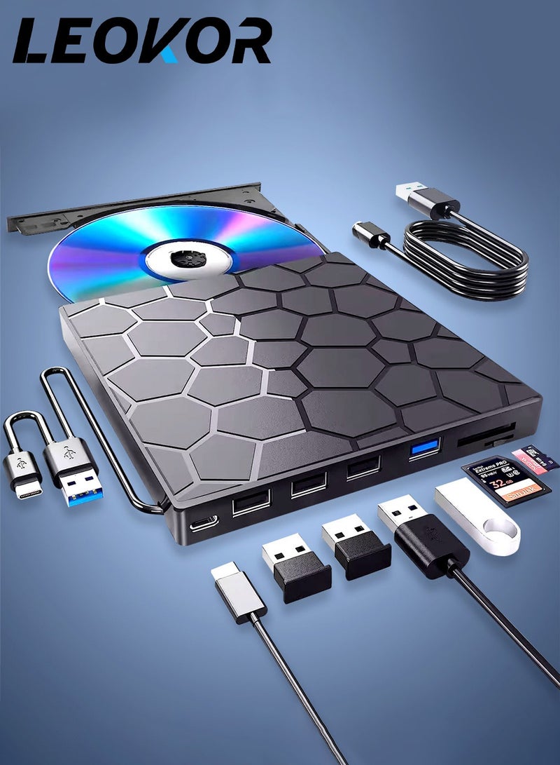 LEOKOR External CD/DVD Drive, DVD Player for Laptop, 8 in 1 USB 3.0 Ultra-Slim Portable, CD Burner External Disk Drive Optical Compatible with Laptop Desktop Mac,Windows 11/10/8/7 Linux - Image 1