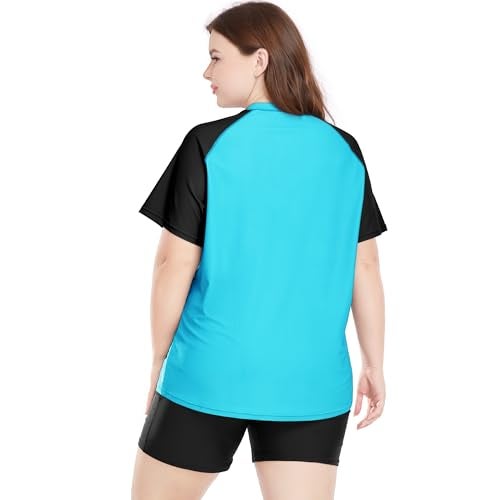Davena Plus Size Rash Guard for Women 2 Piece Big Size Swimsuits Short Sleeve Bathing Suit with Bottom UV UPF 50+(Blcak,Cyan,3X) - Image 4