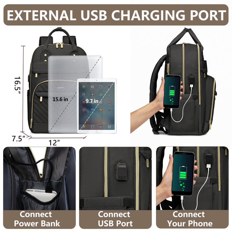 bagswan Laptop Backpack for Women Work Bag - 15.6 inch Black Travel Backpack College Backpack with USB Charger Business Office Back Pack for Teacher Casual Waterproof Bookbag for Nurses - Image 4