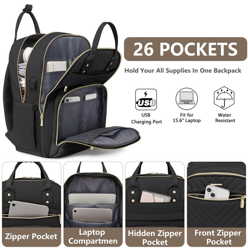 bagswan Laptop Backpack for Women Work Bag - 15.6 inch Black Travel Backpack College Backpack with USB Charger Business Office Back Pack for Teacher Casual Waterproof Bookbag for Nurses - Image 2