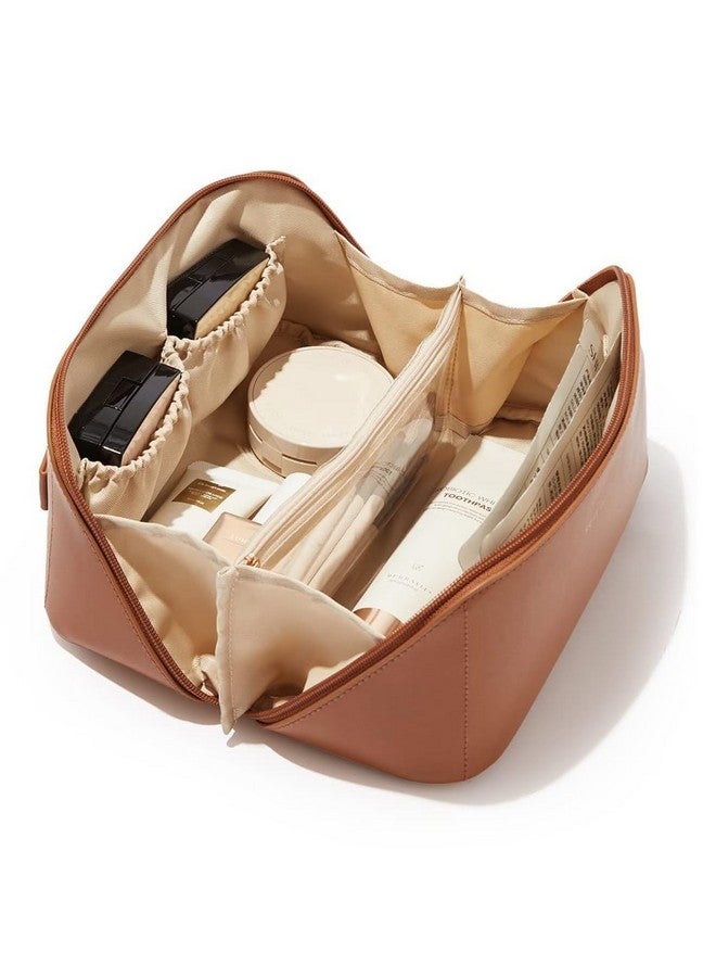 Zoxito Large Capacity Travel Cosmetic Bag - Makeup Bag, PU Leather Waterproof Cosmetic Bag, Women Portable Travel Makeup Bag with Handle and Divider Flat Lay Makeup Organizer Bag - Image 1