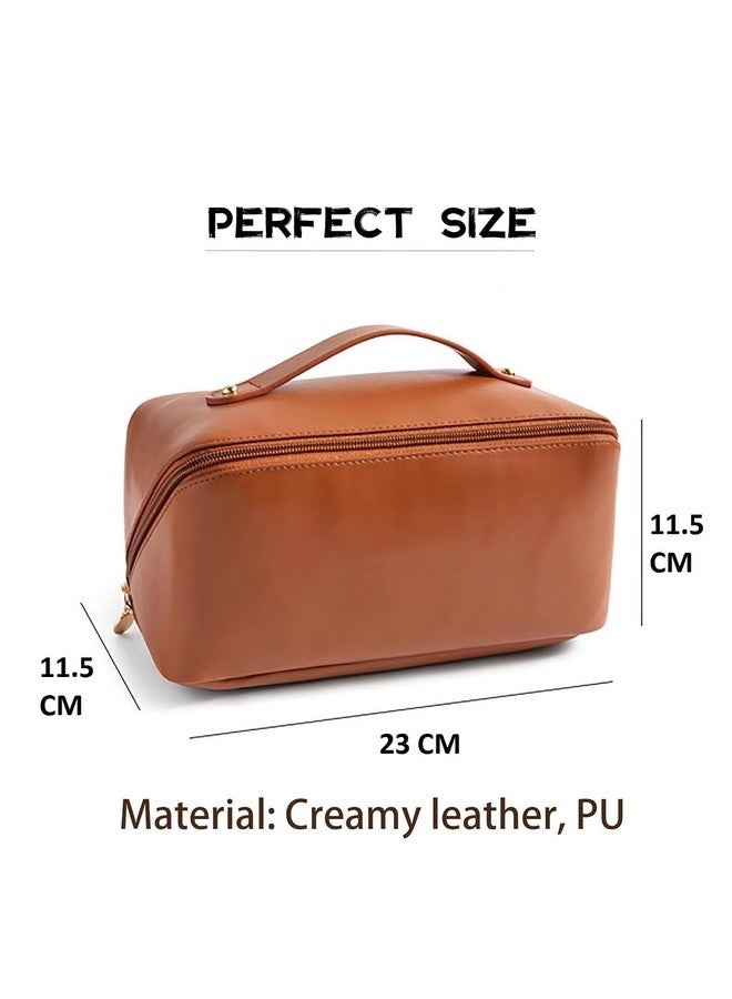 Zoxito Large Capacity Travel Cosmetic Bag - Makeup Bag, PU Leather Waterproof Cosmetic Bag, Women Portable Travel Makeup Bag with Handle and Divider Flat Lay Makeup Organizer Bag - Image 2