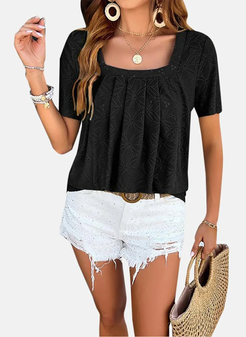 يونيكي Black Casual Polyester Square Neck Short Sleeves Solid Tops
