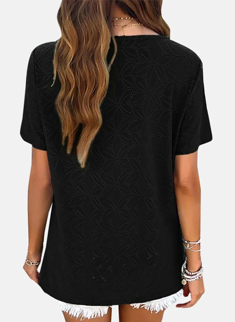 يونيكي Black Casual Polyester Square Neck Short Sleeves Solid Tops