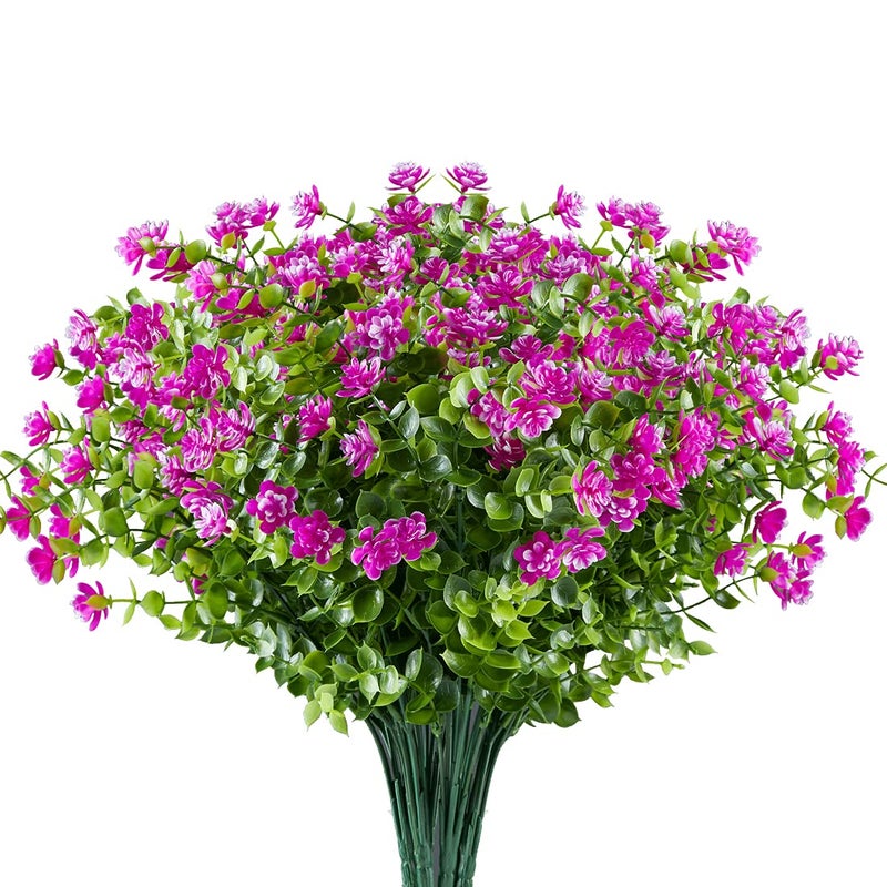 URSTOUD 6PCS Artificial Eucalyptus Flowers Fake Artificial Greenery UV Resistant No Fade Faux Plastic Plants for Wedding Bridle Bouquet Indoor Outdoor Home Garden Kitchen Office Table VaseFuchsia