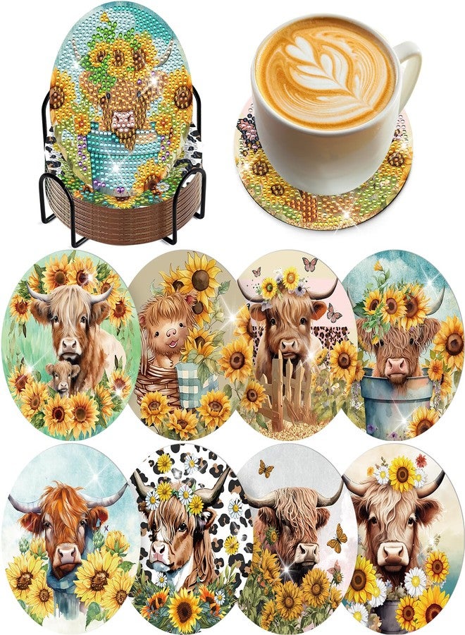 INCOK Highland Cow Diamond Painting Coasters - 8 PCS Diamond Art Coasters Kit with Sunflowers 5D DIY Crystal Art Coaster Set for Gift Beginner Cow Lover Adults Gem Art Crafts Supplies Table Home Decor - Image 1