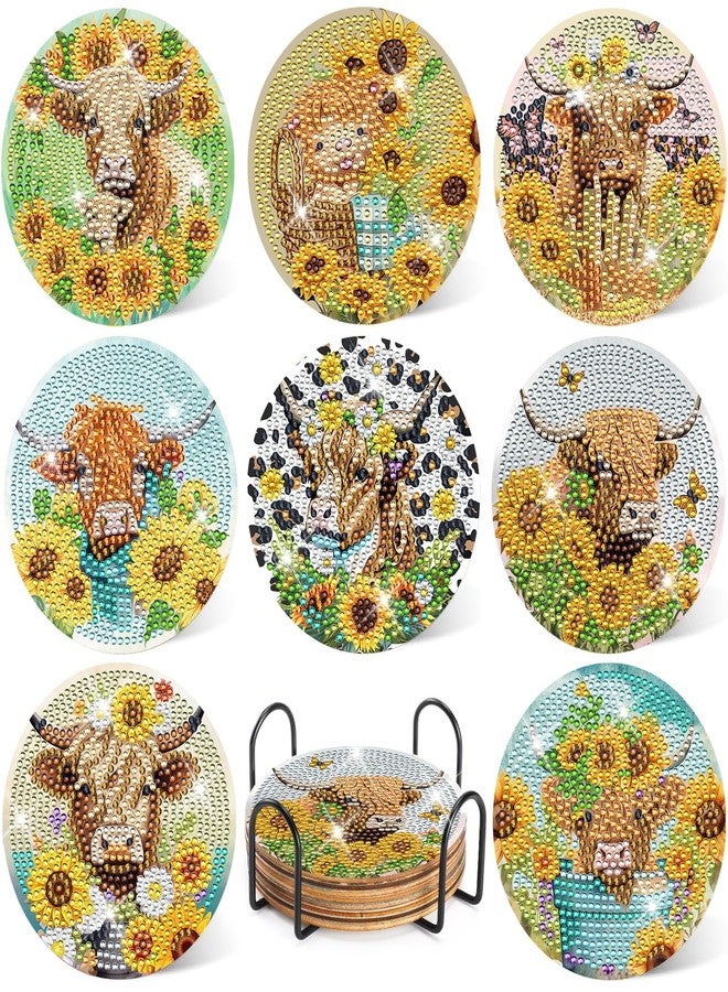 INCOK Highland Cow Diamond Painting Coasters - 8 PCS Diamond Art Coasters Kit with Sunflowers 5D DIY Crystal Art Coaster Set for Gift Beginner Cow Lover Adults Gem Art Crafts Supplies Table Home Decor - Image 2