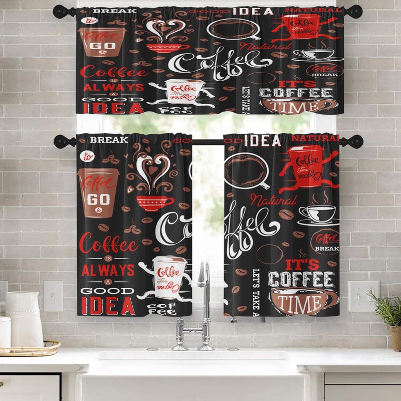 Tayney Coffee Kitchen Curtains Cute Black Red Window Curtains Valance and Tier Set of 3, Vintage Short Tier Curtain for Bathroom, Funny Small Cafe Curtains for Window Decor 52" x 24" - Image 1