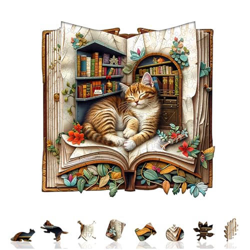 AEEKDOOK Wooden Puzzles for Adults Cat in The Book Wood Puzzles Adult Unique Animal Shape Wooden Jigsaw Puzzles for Adults Birthday Gifts for Puzzle Lovers Family 106 104in 200 Pieces - Image 5