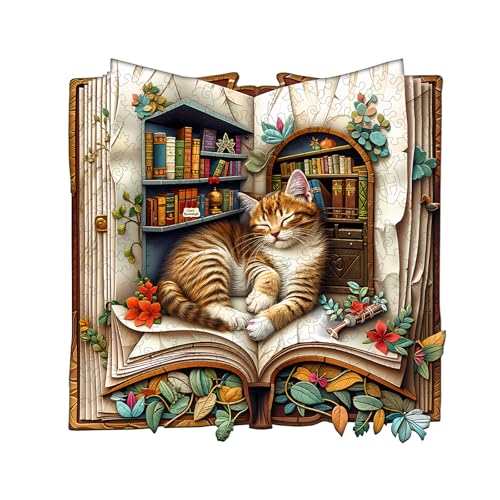 AEEKDOOK Wooden Puzzles for Adults Cat in The Book Wood Puzzles Adult Unique Animal Shape Wooden Jigsaw Puzzles for Adults Birthday Gifts for Puzzle Lovers Family 106 104in 200 Pieces - Image 1