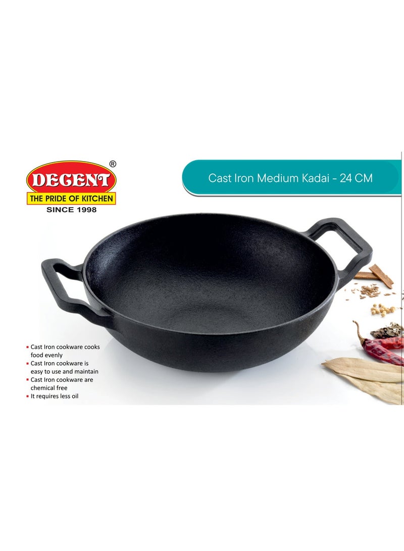 ديسينت مقلاة كاداي/ووك من الحديد الزهر للقلي العميق والطهي - مقلاة ووك حديدية شديدة التحمل، كاداي/ووك متبلة مسبقًا، مقلاة قلي، أواني طهي من الحديد الزهر للغاز والحث | (24 سم) - Image 2