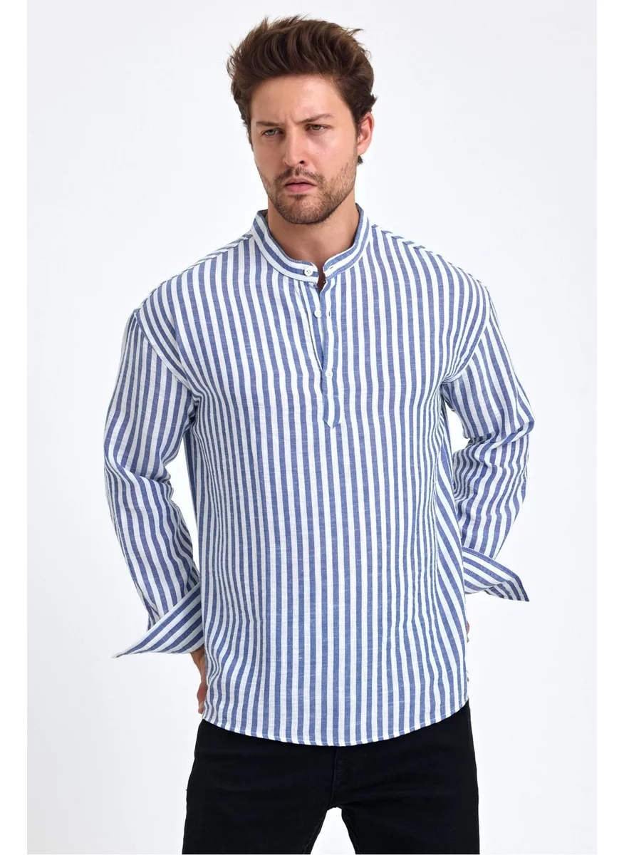 Cool Tarz Cool Style Striped Mandarin Collar Linen Three Button Men's Shirt
