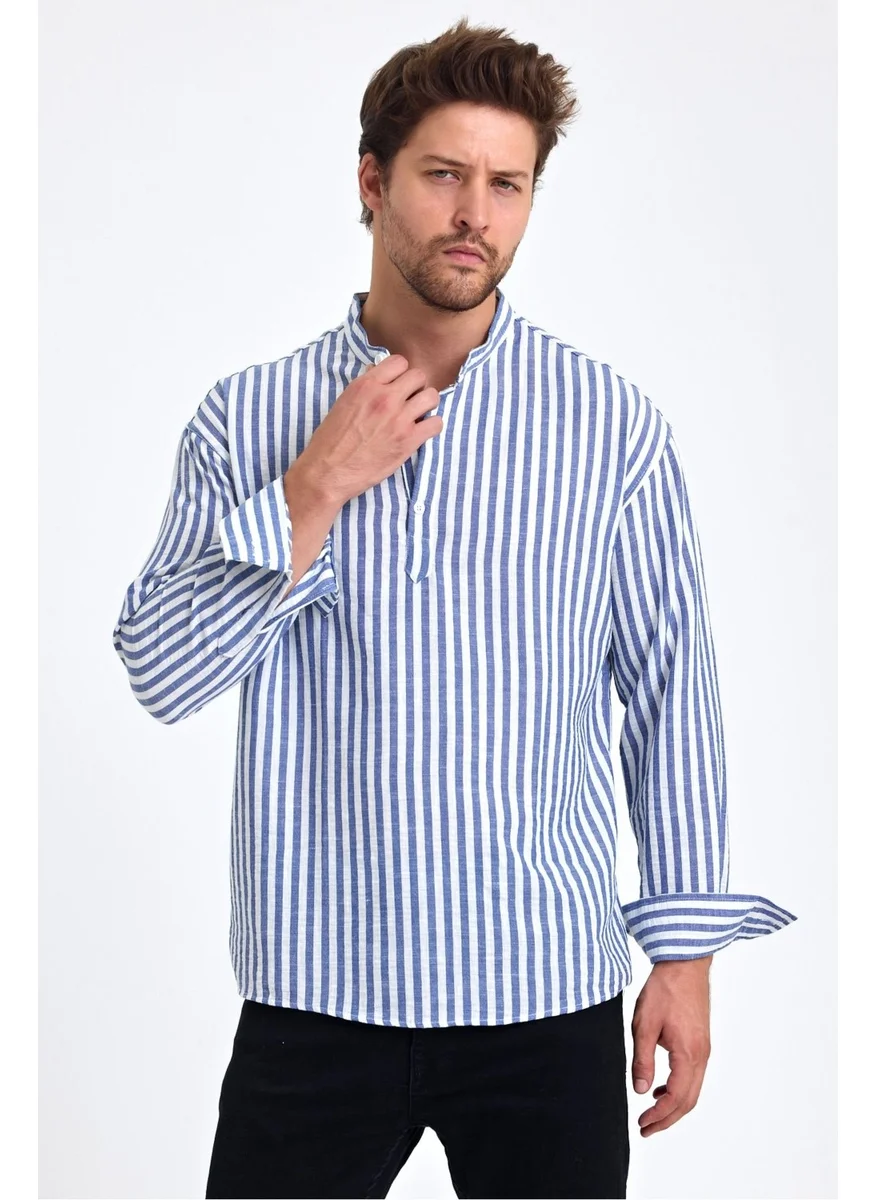 Cool Tarz Cool Style Striped Mandarin Collar Linen Three Button Men's Shirt