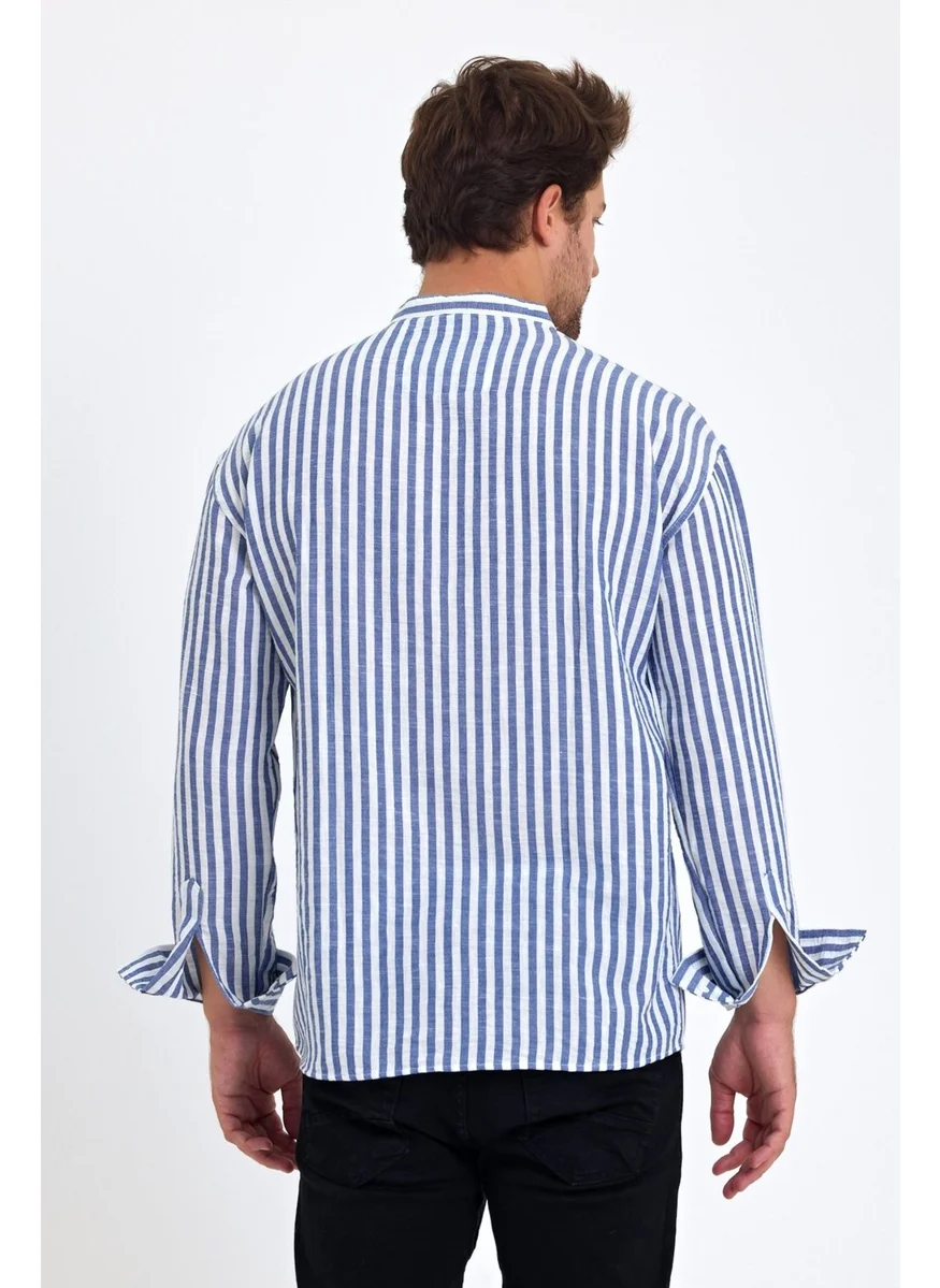 Cool Tarz Cool Style Striped Mandarin Collar Linen Three Button Men's Shirt