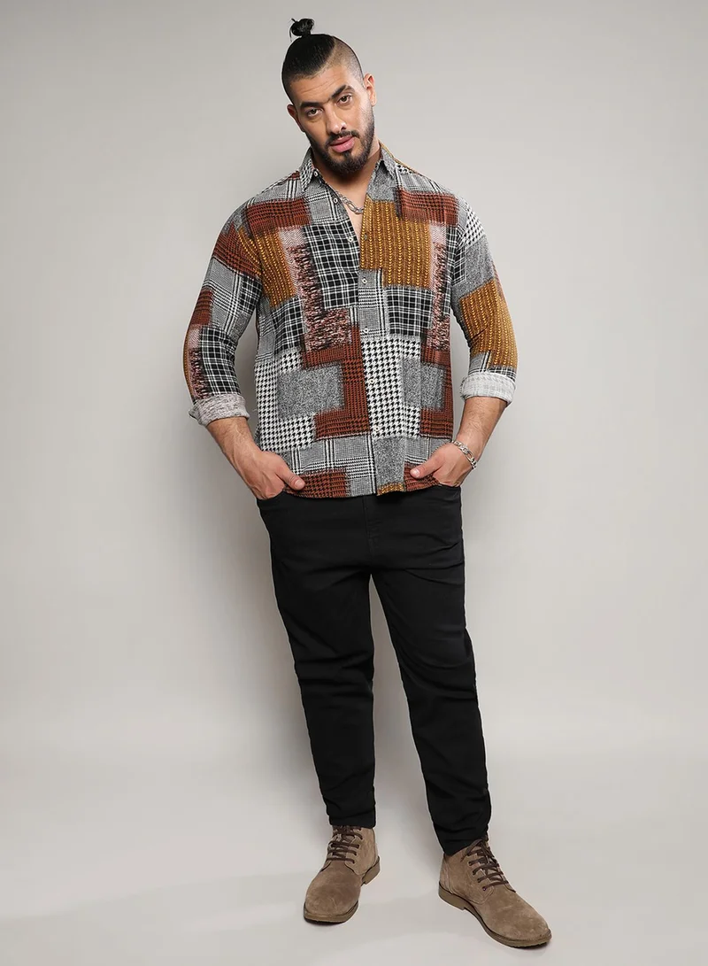 Instafab Plus Instafab Plus Men's Brown Herringbone Block Shirt For Casual Wear | Spread Collar | Long Sleeve | Button Closure | Cotton Shirt Crafted With Comfort Fit For Everyday Wear