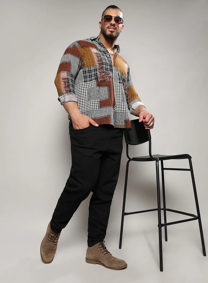 Instafab Plus Instafab Plus Men's Brown Herringbone Block Shirt For Casual Wear | Spread Collar | Long Sleeve | Button Closure | Cotton Shirt Crafted With Comfort Fit For Everyday Wear