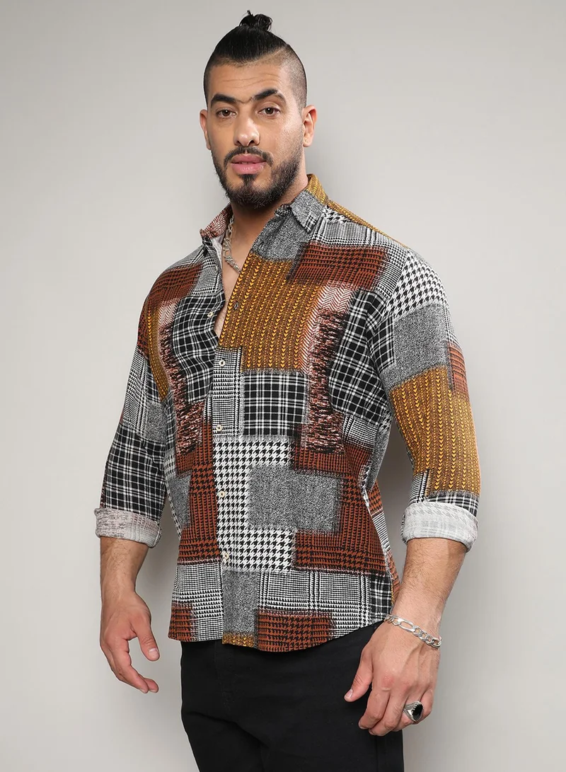 Instafab Plus Instafab Plus Men's Brown Herringbone Block Shirt For Casual Wear | Spread Collar | Long Sleeve | Button Closure | Cotton Shirt Crafted With Comfort Fit For Everyday Wear