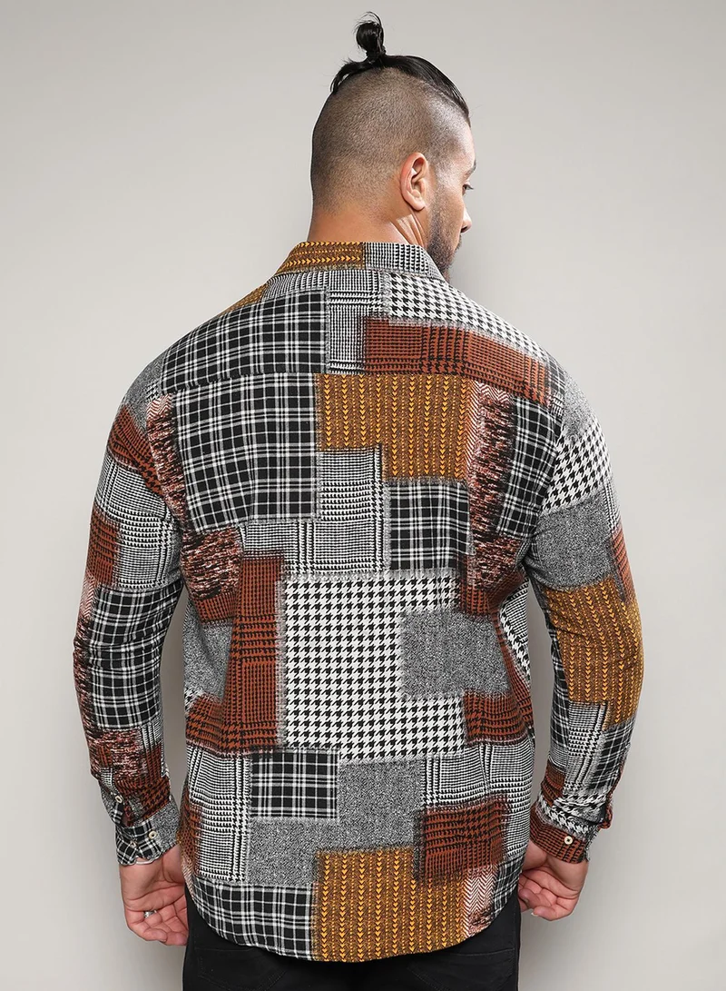 Instafab Plus Instafab Plus Men's Brown Herringbone Block Shirt For Casual Wear | Spread Collar | Long Sleeve | Button Closure | Cotton Shirt Crafted With Comfort Fit For Everyday Wear