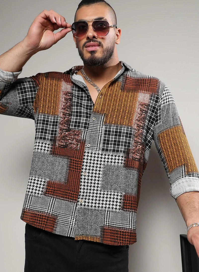 Instafab Plus Instafab Plus Men's Brown Herringbone Block Shirt For Casual Wear | Spread Collar | Long Sleeve | Button Closure | Cotton Shirt Crafted With Comfort Fit For Everyday Wear