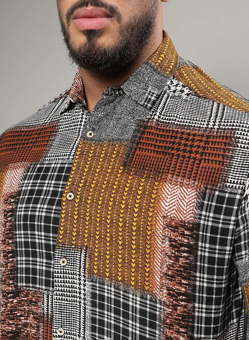 Instafab Plus Instafab Plus Men's Brown Herringbone Block Shirt For Casual Wear | Spread Collar | Long Sleeve | Button Closure | Cotton Shirt Crafted With Comfort Fit For Everyday Wear