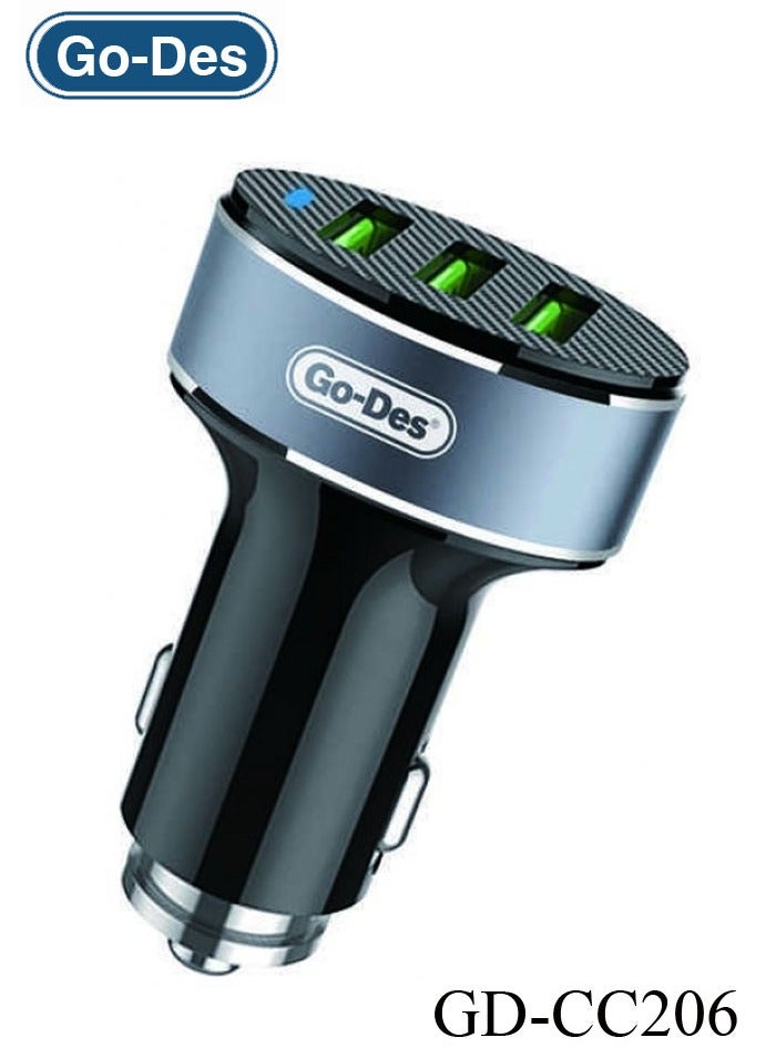 Go-Des GD-CC206 Intelligent Metal Car Charger Equipped with 3 USB ports LED Indicator Fast Charging and Universal Compatibility - Image 1