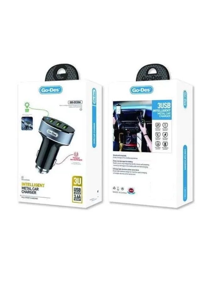 Go-Des GD-CC206 Intelligent Metal Car Charger Equipped with 3 USB ports LED Indicator Fast Charging and Universal Compatibility - Image 2