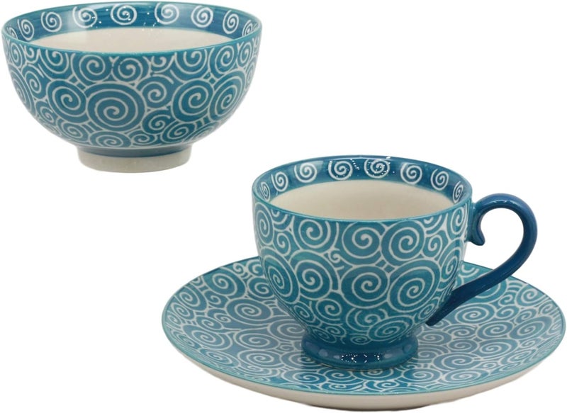 Ebros Gift Ebros Contemporary Cultural Dining Ceramic Aqua Blue Windy Swirls Designer Dinnerware Set Consisting of 1 12oz Mug 1 10oz Rice Bowl And 1 825Dia Appetizer Plate For Soups Coffee Tea Personal Size - Image 4