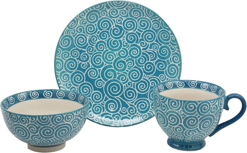 Ebros Gift Ebros Contemporary Cultural Dining Ceramic Aqua Blue Windy Swirls Designer Dinnerware Set Consisting of 1 12oz Mug 1 10oz Rice Bowl And 1 825Dia Appetizer Plate For Soups Coffee Tea Personal Size - Image 1