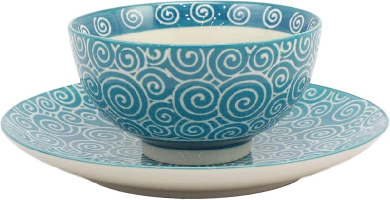 Ebros Gift Ebros Contemporary Cultural Dining Ceramic Aqua Blue Windy Swirls Designer Dinnerware Set Consisting of 1 12oz Mug 1 10oz Rice Bowl And 1 825Dia Appetizer Plate For Soups Coffee Tea Personal Size - Image 3