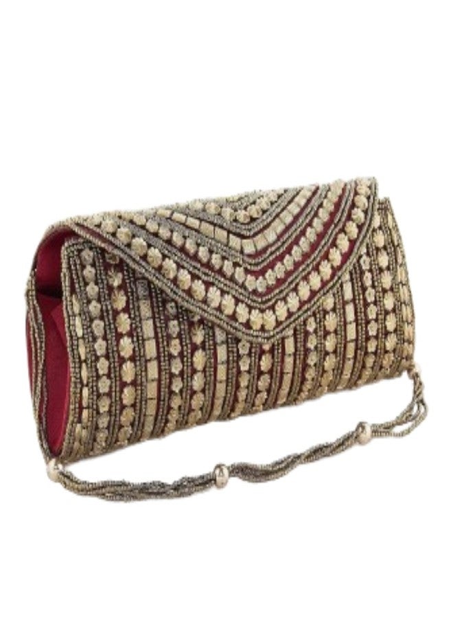 VINNIE Women's Handcrafted Clutch with Gold Beads on Artificial Silk & Single Sling Chain | Flap Closure | Zip Pocket Inside (Red) - Image 1