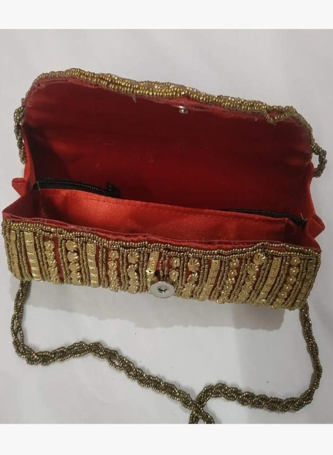 VINNIE Women's Handcrafted Clutch with Gold Beads on Artificial Silk & Single Sling Chain | Flap Closure | Zip Pocket Inside (Red) - Image 2