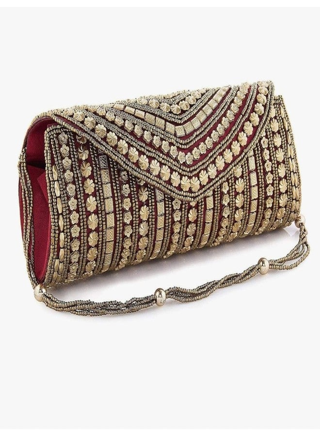 VINNIE Women's Handcrafted Clutch with Gold Beads on Artificial Silk & Single Sling Chain | Flap Closure | Zip Pocket Inside (Red) - Image 3