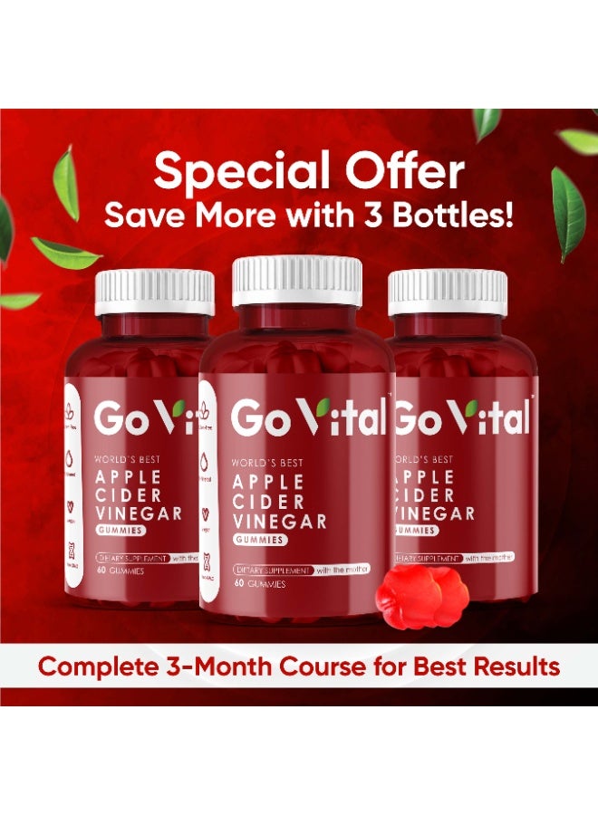 GO VITAL Apple Cider Vinegar Gummies – Original USA Formula | Pack of 3 (180 Vegan Gummies) for Fat Burning & Metabolism Support with Vitamin B12 & Folic Acid - Image 2