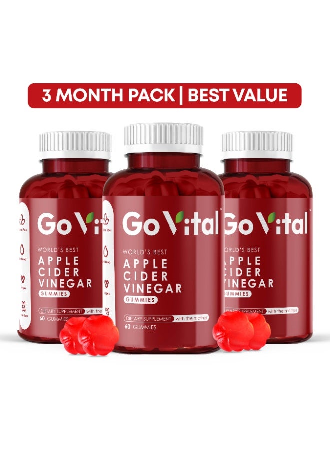GO VITAL Apple Cider Vinegar Gummies – Original USA Formula | Pack of 3 (180 Vegan Gummies) for Fat Burning & Metabolism Support with Vitamin B12 & Folic Acid - Image 1