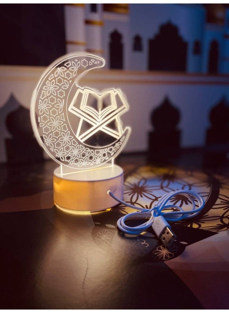 3D Creative Ramadan LED Lamp Crescent Moon & Quran Design with 3D Visual Effect Elegant Decorative Light • Perfect Ramadan Gift