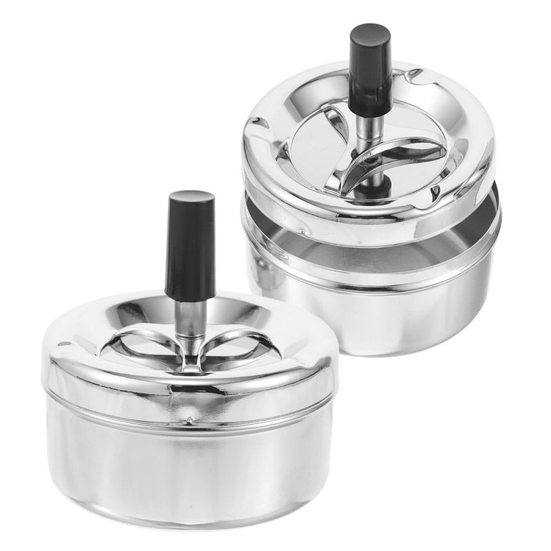 Rotating Sealed Smokeless Metal Ashtray With Lid For Indoor Outdoor Use Silver - Image 2