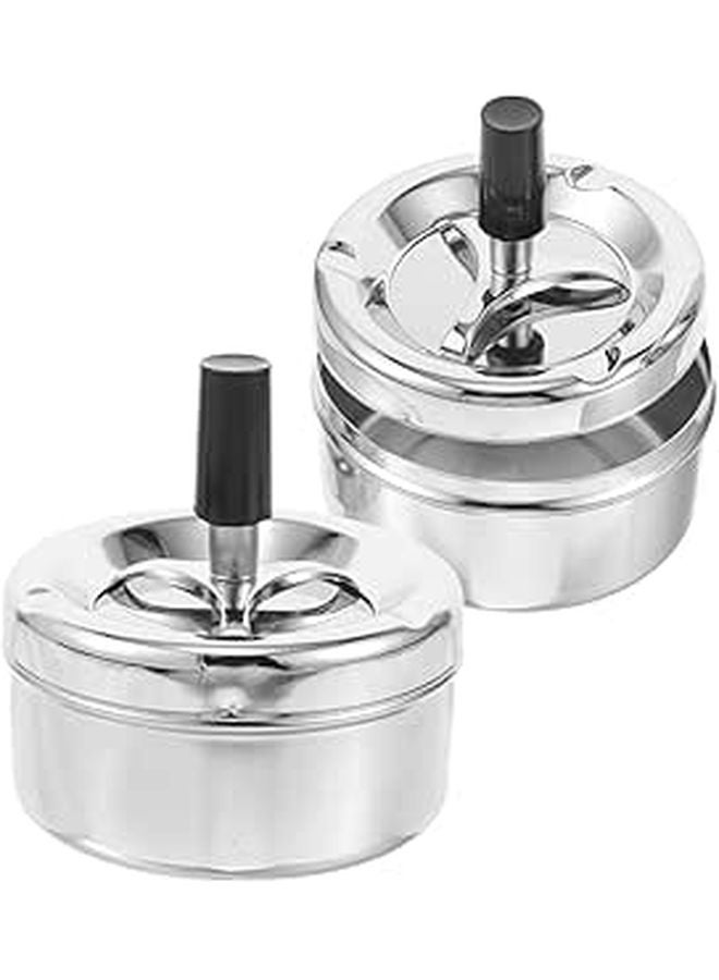 Rotating Sealed Smokeless Metal Ashtray With Lid For Indoor Outdoor Use Silver - Image 1