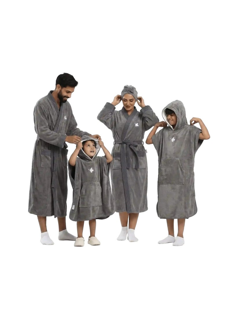 Relef Premium Family Bathrobe Set of 4 Pieces – 2 Unisex Bathrobes M/XL + 2 Kids Capes (3-5 Years) Highly Absorbent Comfortable - Dark Grey - Image 1