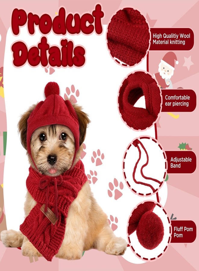 Cutecrop طقم قبعة ووشاح محبوك للكلاب من كيوت كروب مكون من 4 قطع، قبعة شتوية للكلاب والقطط الصغيرة، قبعة صوفية للقطط، مدفأة للرقبة والأذنين (أحمر ورمادي) - Image 3