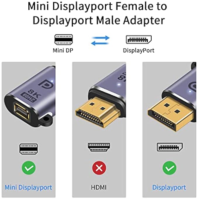 rayihni DISPLAYPORT TO MINI DISPLAYPORT ADAPTER 8K, DISPLAYPORT MALE TO MINI DISPLAYPORT FEMALE ADAPTER, DP 1.4V TO MINI DP ADAPTER, MINI DISPLAYPORT 1.2 ADAPTER FOR PC, SURFACE PRO, MONITOR, 1PCS - Image 3
