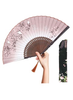 SYOSI Azonee Folding Fans Women Hand Held Silk with Bamboo Frame with a Fabric Sleeve for Protection for Gifts Chinese Japanese Style Butterflies and Morning Glory Flowers Pattern 8.27" 21cm Brown  - Image 1