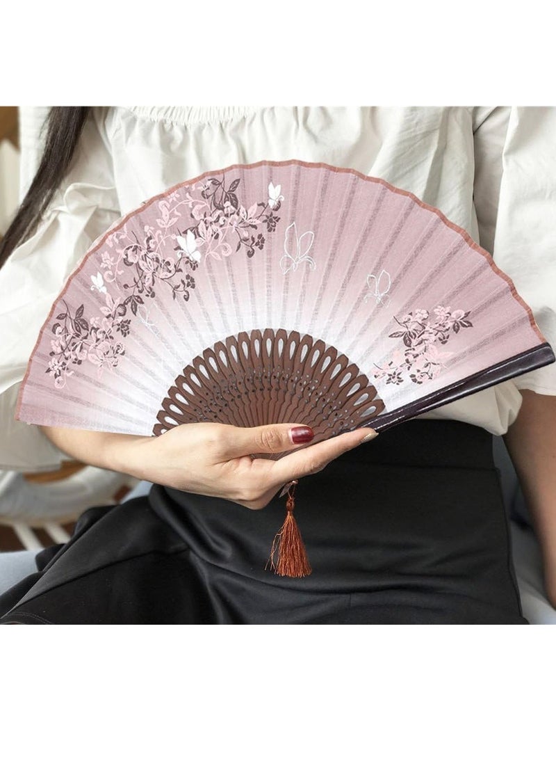SYOSI Azonee Folding Fans Women Hand Held Silk with Bamboo Frame with a Fabric Sleeve for Protection for Gifts Chinese Japanese Style Butterflies and Morning Glory Flowers Pattern 8.27" 21cm Brown - Image 2
