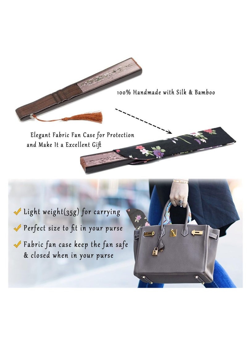 SYOSI Azonee Folding Fans Women Hand Held Silk with Bamboo Frame with a Fabric Sleeve for Protection for Gifts Chinese Japanese Style Butterflies and Morning Glory Flowers Pattern 8.27" 21cm Brown - Image 3