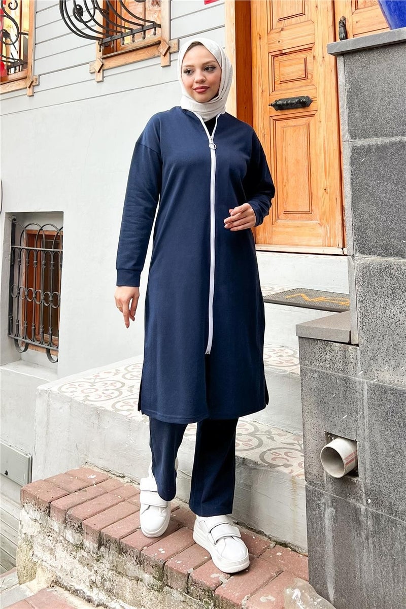 Sevda Zippered Long Plain Basic Coat Tracksuit Sportswear Set - 3044 - Navy Blue - Image 2
