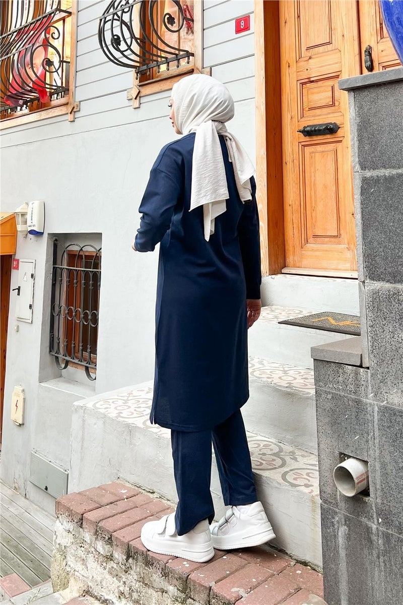 Sevda Zippered Long Plain Basic Coat Tracksuit Sportswear Set - 3044 - Navy Blue - Image 5